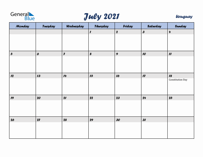 July 2021 Calendar with Holidays in Uruguay