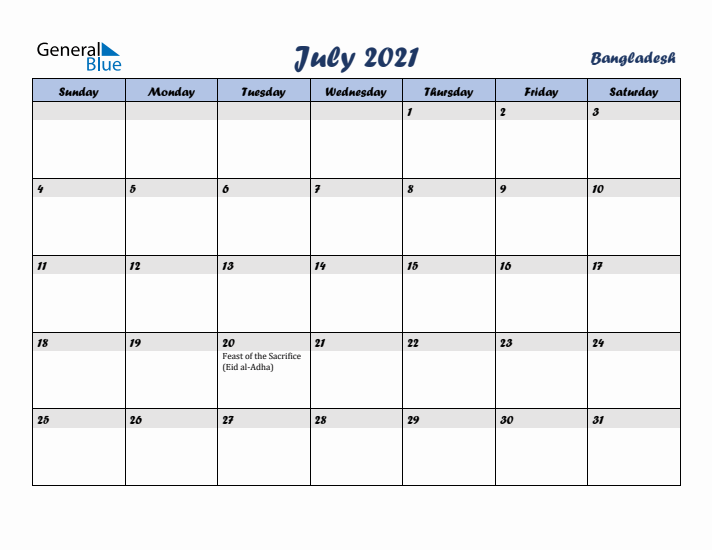 July 2021 Calendar with Holidays in Bangladesh