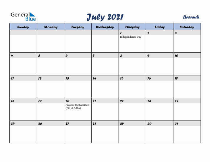 July 2021 Calendar with Holidays in Burundi