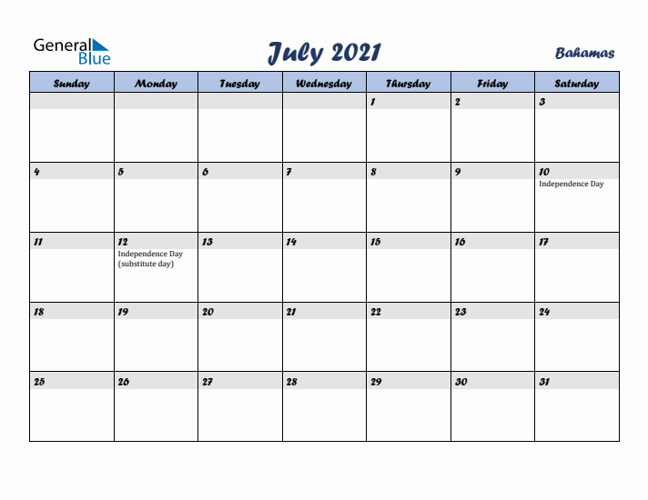 July 2021 Calendar with Holidays in Bahamas