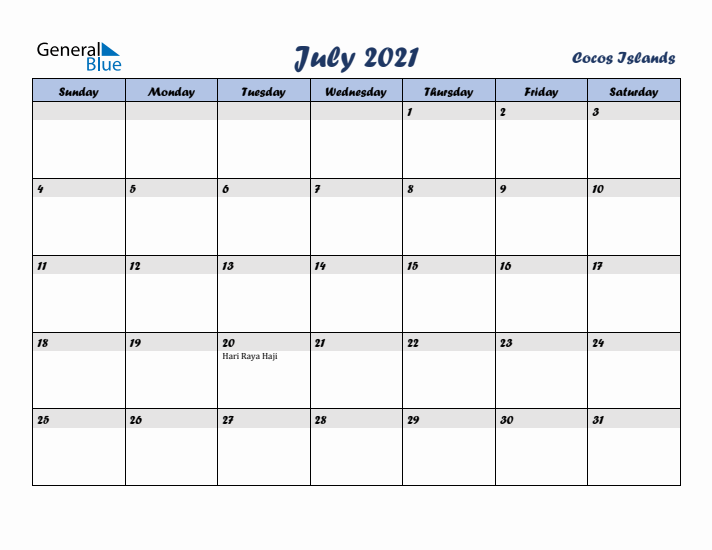 July 2021 Calendar with Holidays in Cocos Islands