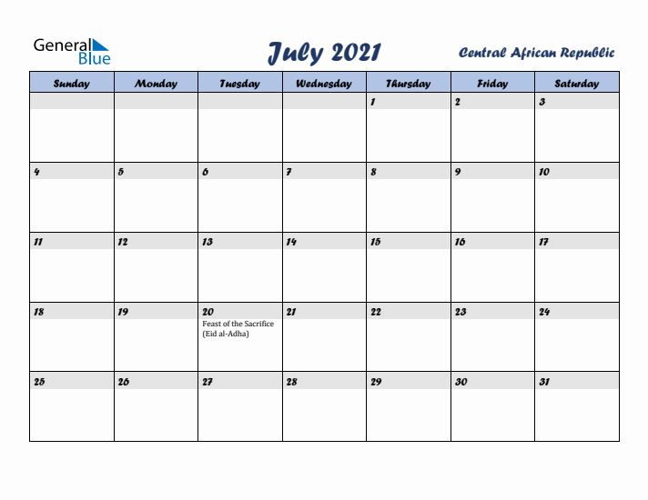 July 2021 Calendar with Holidays in Central African Republic