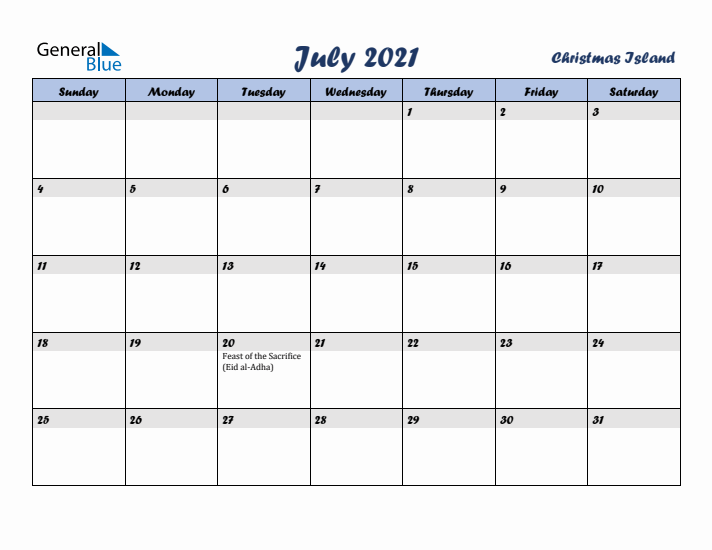 July 2021 Calendar with Holidays in Christmas Island