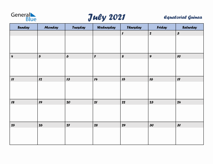 July 2021 Calendar with Holidays in Equatorial Guinea