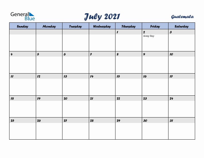 July 2021 Calendar with Holidays in Guatemala