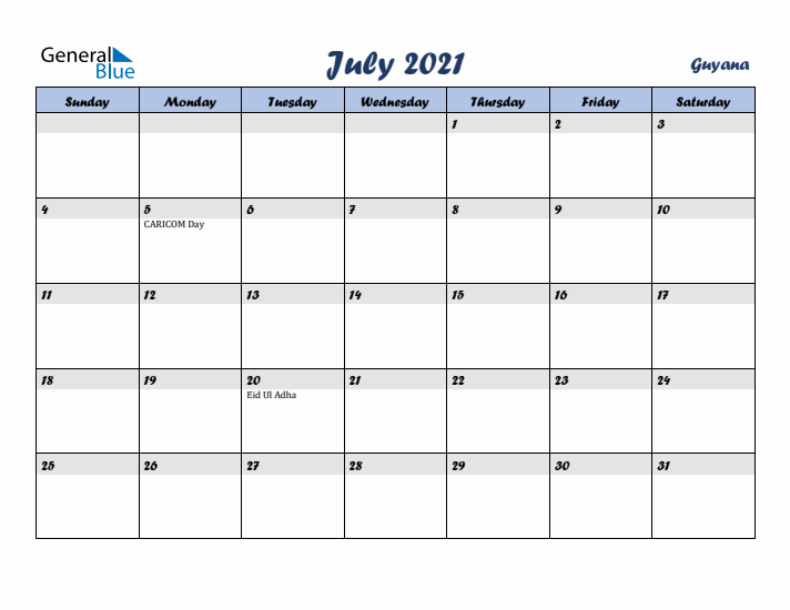 July 2021 Calendar with Holidays in Guyana