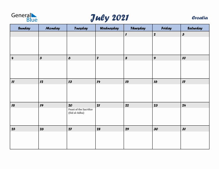 July 2021 Calendar with Holidays in Croatia