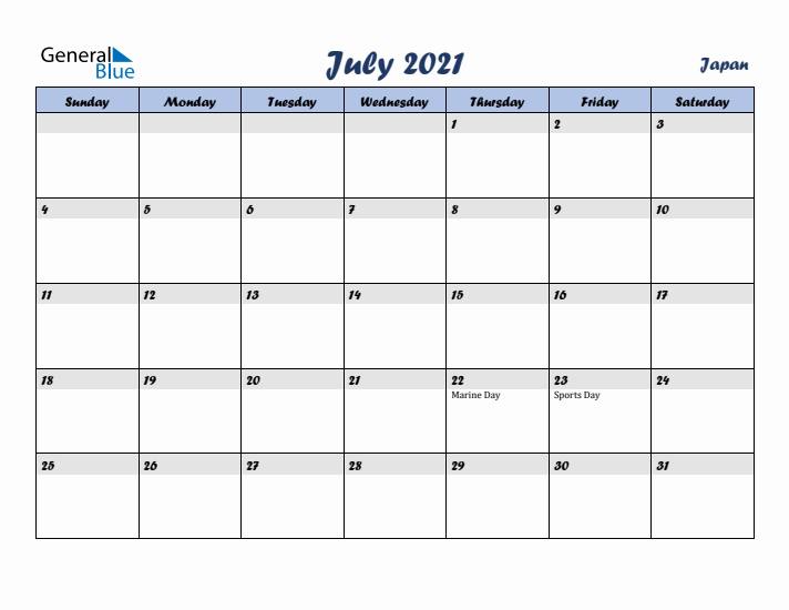 July 2021 Calendar with Holidays in Japan