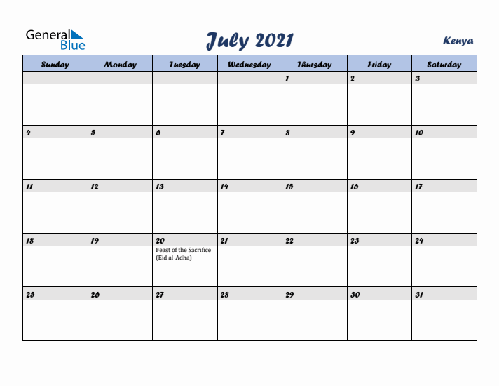 July 2021 Calendar with Holidays in Kenya