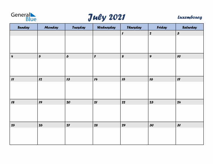 July 2021 Calendar with Holidays in Luxembourg