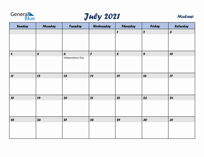 July 2021 Calendar with Holidays in Malawi