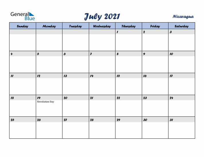 July 2021 Calendar with Holidays in Nicaragua