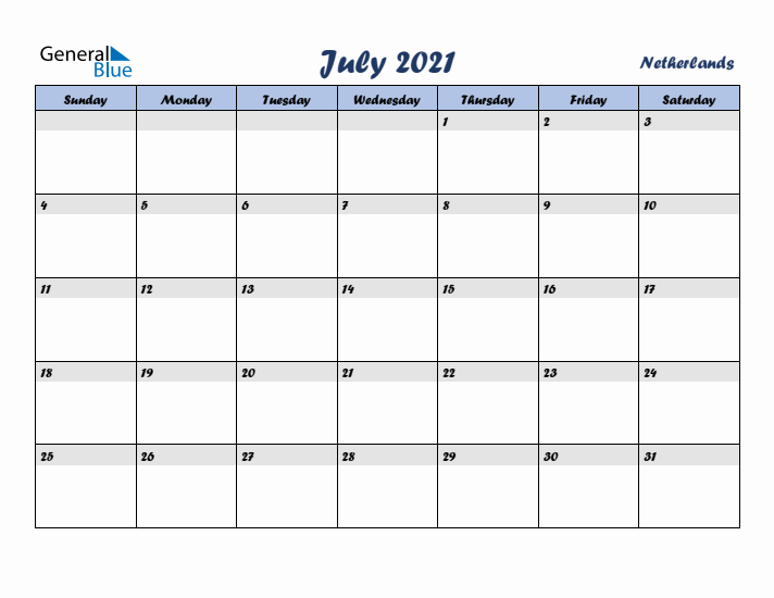 July 2021 Calendar with Holidays in The Netherlands