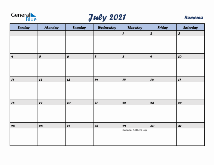 July 2021 Calendar with Holidays in Romania