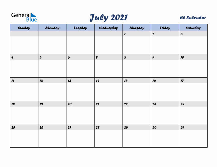 July 2021 Calendar with Holidays in El Salvador