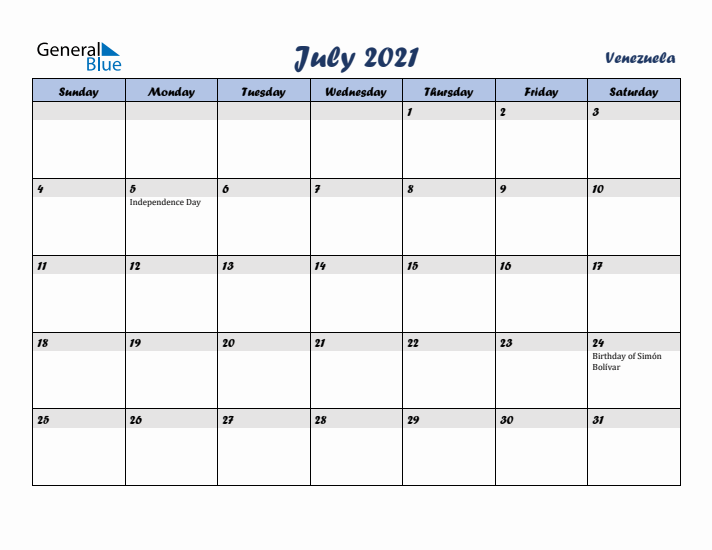 July 2021 Calendar with Holidays in Venezuela