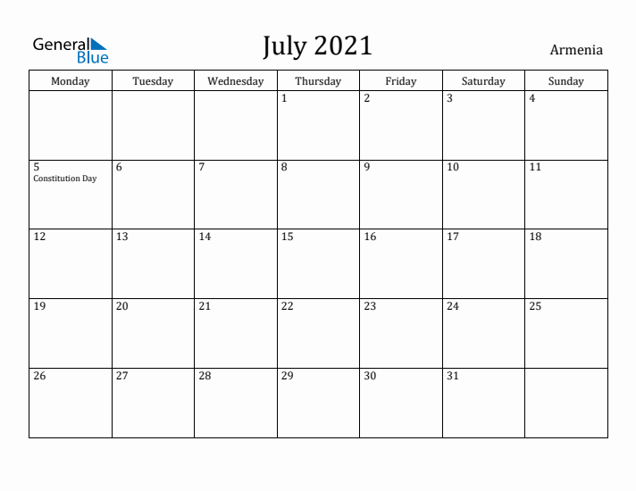 July 2021 Calendar Armenia