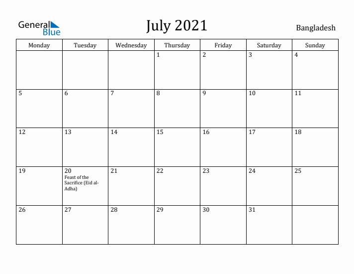 July 2021 Calendar Bangladesh