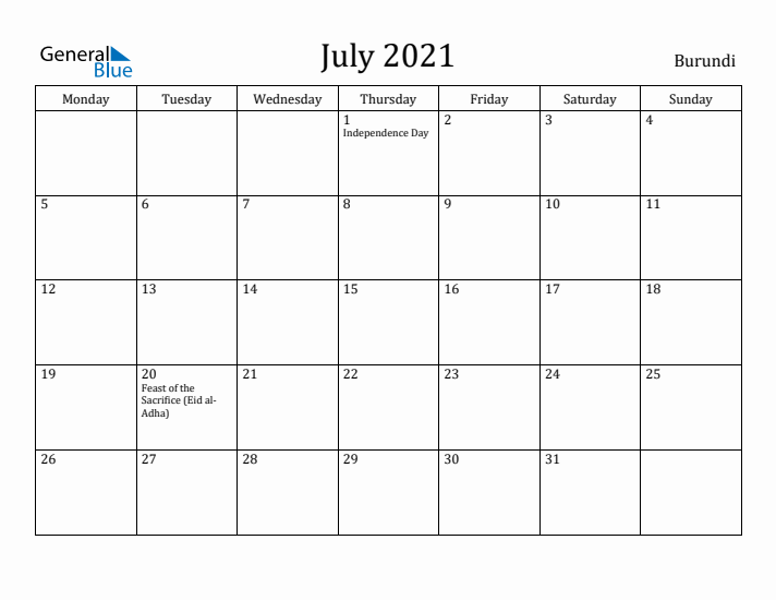 July 2021 Calendar Burundi