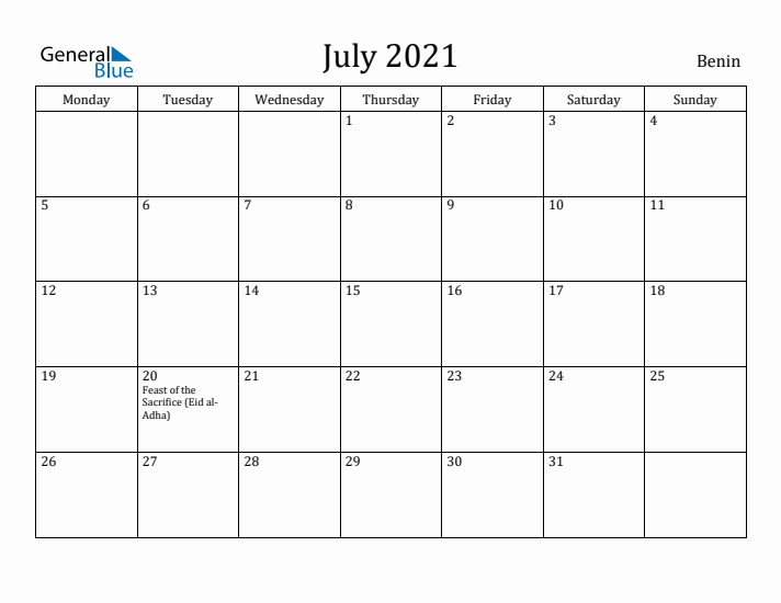 July 2021 Calendar Benin