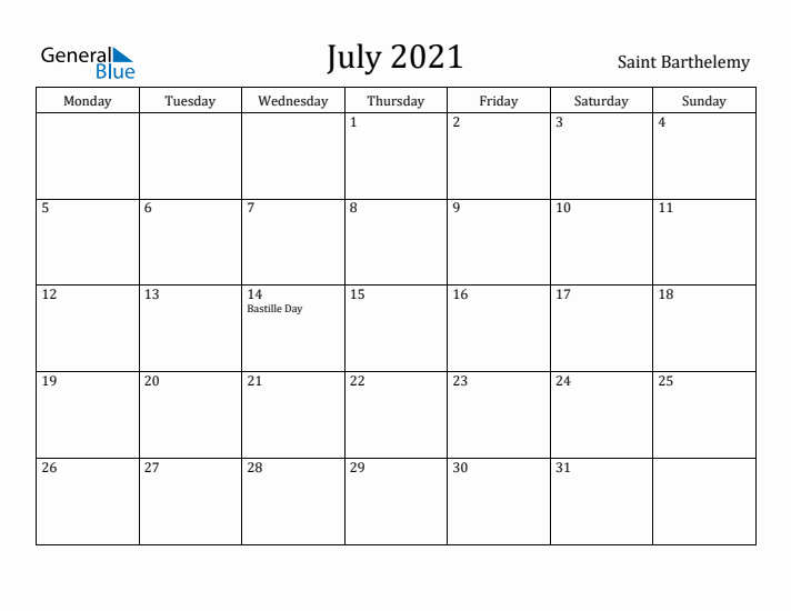 July 2021 Calendar Saint Barthelemy