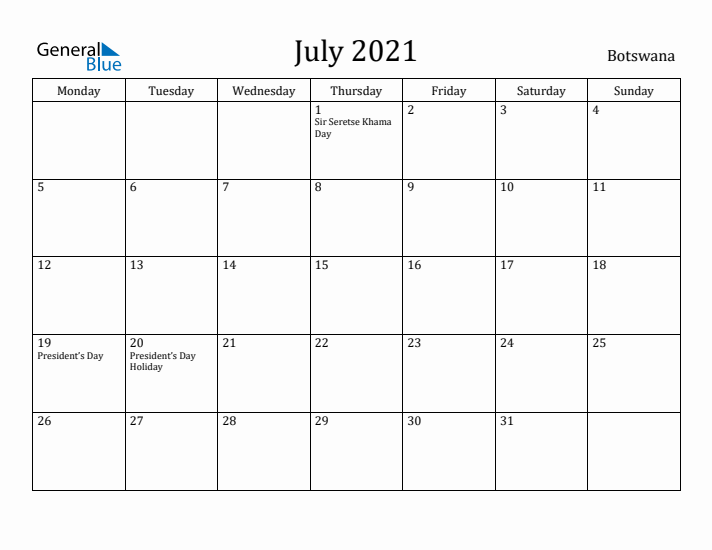 July 2021 Calendar Botswana