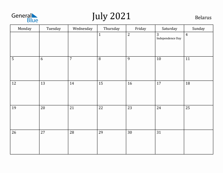 July 2021 Calendar Belarus