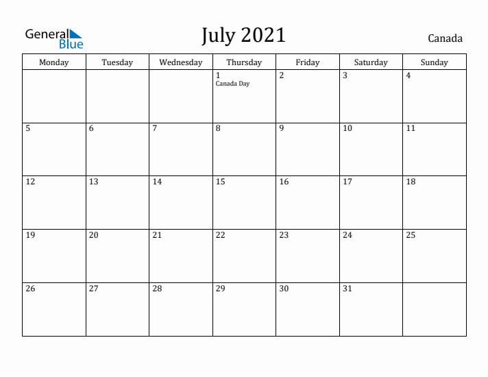 July 2021 Calendar Canada