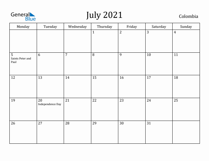 July 2021 Calendar Colombia