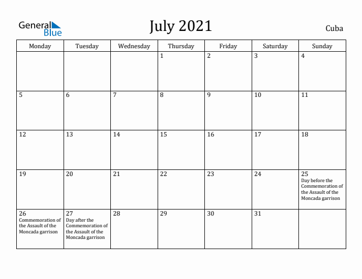 July 2021 Calendar Cuba