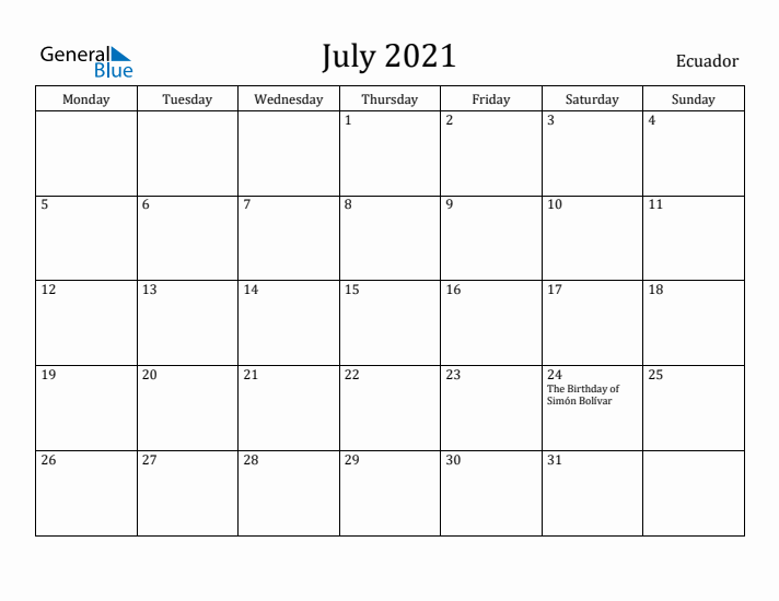 July 2021 Calendar Ecuador