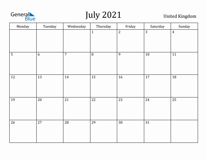 July 2021 Calendar United Kingdom