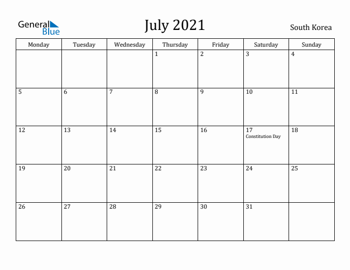 July 2021 Calendar South Korea