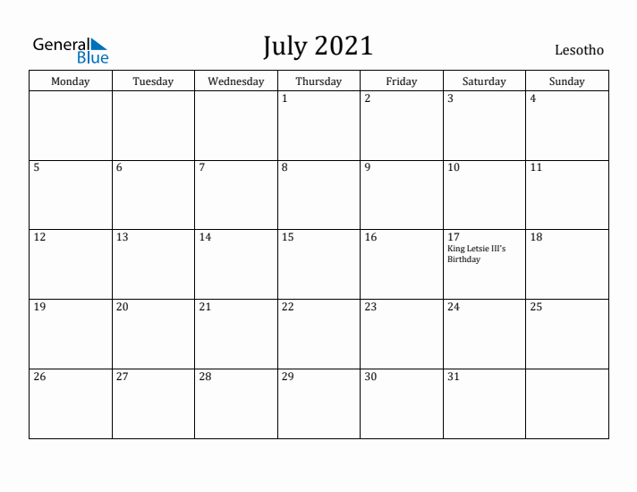 July 2021 Calendar Lesotho