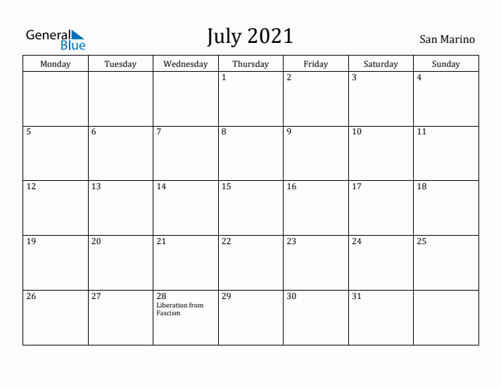 July 2021 Calendar San Marino