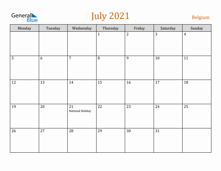 July 2021 Holiday Calendar with Monday Start