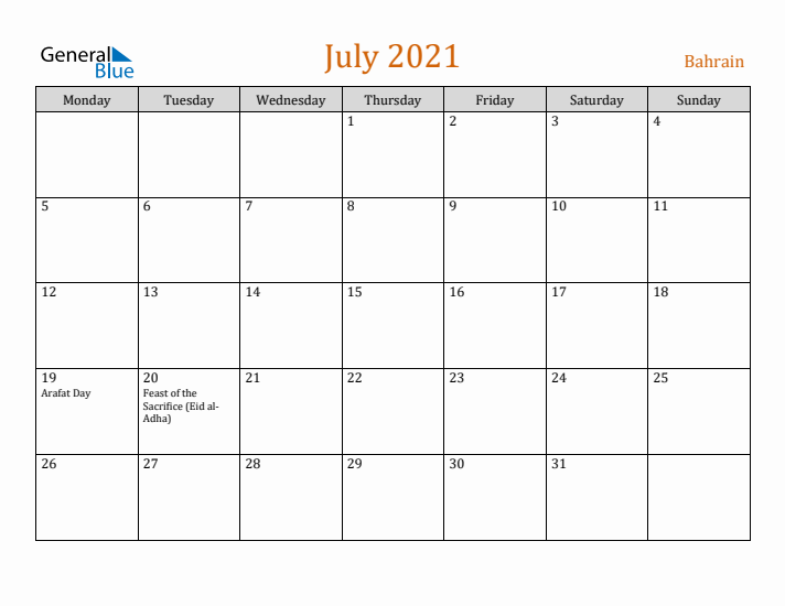 July 2021 Holiday Calendar with Monday Start