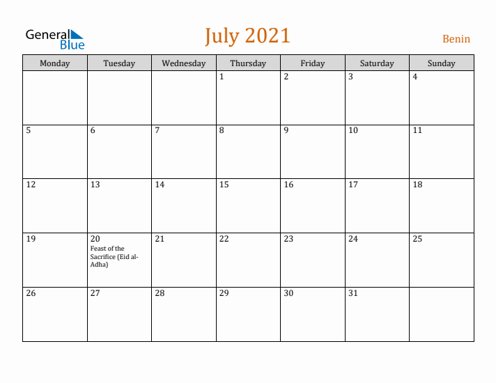 July 2021 Holiday Calendar with Monday Start