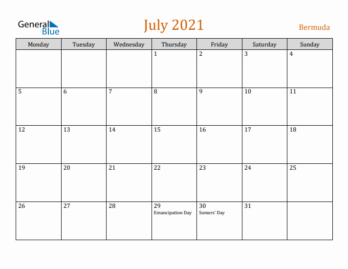 July 2021 Holiday Calendar with Monday Start