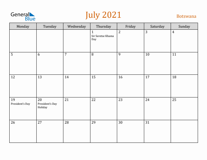 July 2021 Holiday Calendar with Monday Start