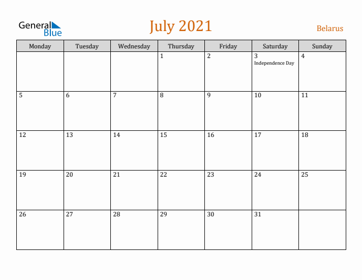 July 2021 Holiday Calendar with Monday Start