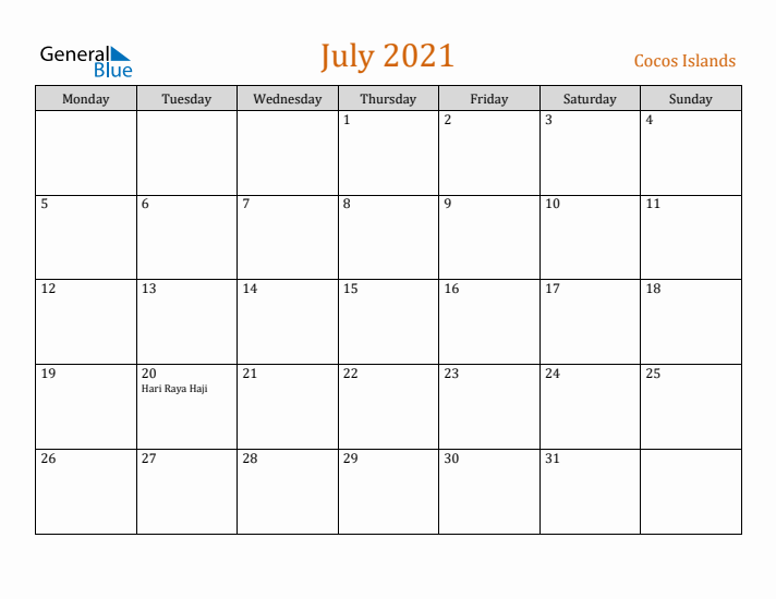 July 2021 Holiday Calendar with Monday Start