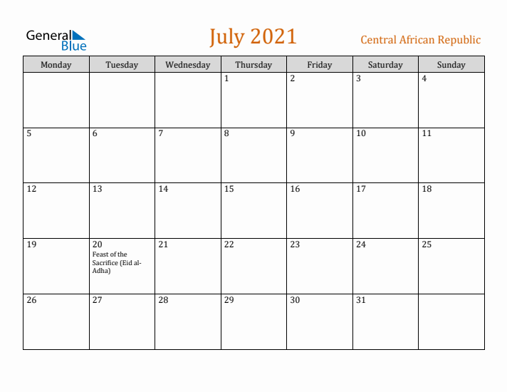 July 2021 Holiday Calendar with Monday Start