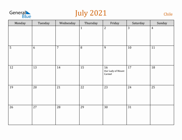 July 2021 Holiday Calendar with Monday Start