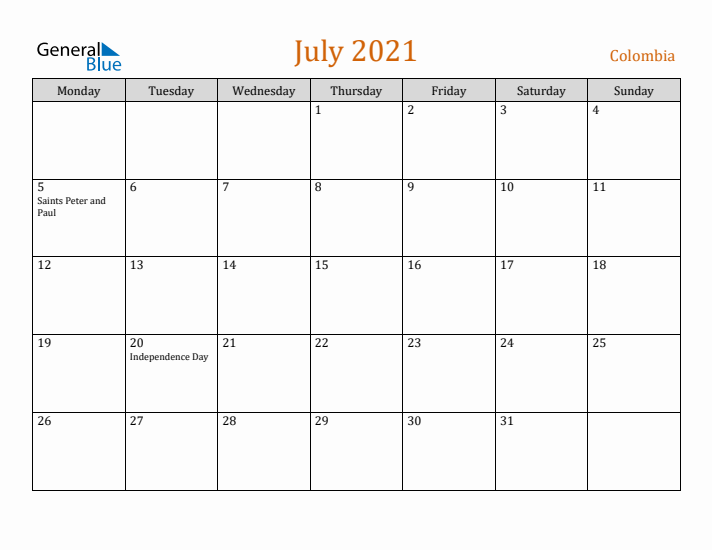 July 2021 Holiday Calendar with Monday Start