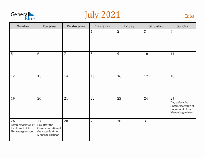 July 2021 Holiday Calendar with Monday Start