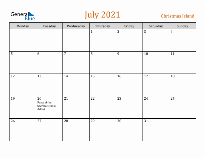 July 2021 Holiday Calendar with Monday Start