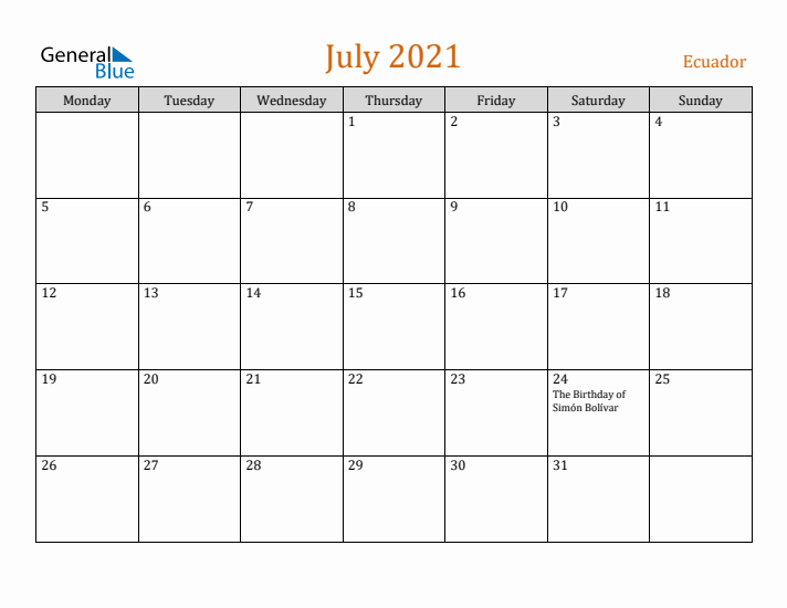 July 2021 Holiday Calendar with Monday Start