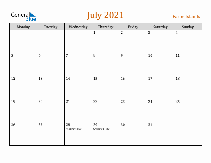 July 2021 Holiday Calendar with Monday Start