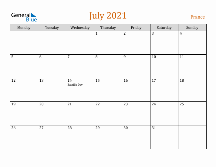 July 2021 Holiday Calendar with Monday Start